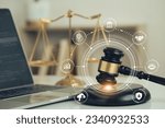 Small photo of AI ethics and AI Law concept. Judicial gavel and laptop with legal astute icons on the table. artificial intelligence law and online technology of legal law regulations. AI technology group control.