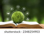 Small photo of Environment Law. Green globe placed on a law book with icons. law for principles of sustainable environmental conservation.environmental protection and eco-friendly legislation law. Save earth.