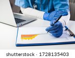 Small photo of Doctor wearing protective gloves analyzing COVID-19 info data,Coronavirus global pandemic outbreak crisis,stats showing rising number of infected patients,death toll and mortality rate,easing measures