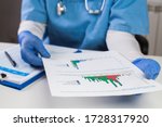 Small photo of UK doctor wearing protective gloves holding document chart,analyzing COVID-19 graph data,Coronavirus global pandemic outbreak crisis,stats showing number of infected patients,death toll,mortality rate