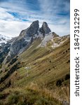 Small photo of spectacular peak of Les Jumelles and Valley at Lac du Taney