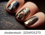 Beautiful female hand with black and gold nail polish swatch
