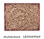 Shredded paper for gifting and stuffing in cardboard box. Top view, clipping path included