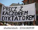 Small photo of Krakow, Poland - June 4 2023L Banner with slogan satirical slogan against Jaroslaw Kaczynski, leader of ruling party Law and Justice, pro-democractic demonstration i Krakow