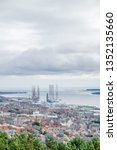 Looking over Dundee City and its harbour accross the Firth of Tay in a wide Panorama that was taken from Dundee Law minument the highest point in Dundee