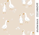 Seamless pattern with cute white gooses. Funny  rustic print. Vector hand drawn illustration.