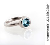 Small photo of White Gold Ring with Natural Topaz. Hand-made white gold ring. Unique pattern ring made from white gold with Natural Gemstone Blue Topaz.