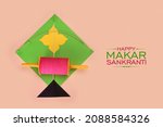 Small photo of Happy Makar Sankranti background with colorful kite and spool