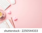 St Valentine's Day concept. Top view photo of notepad pen keyboard computer mouse glasses heart shaped candles and cup of coffee on saucer on isolated pastel pink background with copyspace