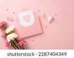 Show your appreciation this Mother's Day with a stunning postcard arrangement featuring pink carnations, and heart-shaped papers on a pastel pink background
