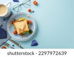 Small photo of Give Dad a breakfast he deserves. Top view of a sandwich with veggies and heart shaped cheese, cutlery, coffee, napkin, tie, glasses, men's accessories, on pastel blue background with space for text