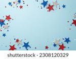 Small photo of Get ready for Independence Day celebration with delightful arrangement of party accessories: Top view stars and shiny confetti. The pastel blue background includes vacant frame perfect for text or ad