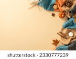 Small photo of Experience allure of autumn: top view capturing snug plaid, petite pumpkins, yellow maple leaves, pine cone, cinnamon sticks, anise on soothing pastel beige backdrop. Perfect for effective advertising