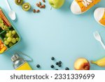 Small photo of Revitalize your learning break: Top-down perspective highlighting lunch box packed with sandwiches, fruits, veggies and water bottle on pastel blue isolated backdrop, space for text or advertisements