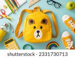 Small photo of Nurturing bright minds. Overhead shot of a yellow child's rucksack with cartoon bear print packed with assorted colorful school materials and pair of shoes on a soft blue background