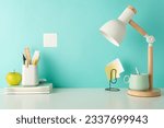 Small photo of Foster a focused study environment with this side-view picture of white desktop with school supplies, penholder and desk lamp on a blue isolated background, designed for easy text or ad placement