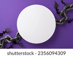 Small photo of Sinister Halloween concept: Overhead perspective of themed arrangement, prisoner's chain, and unsettling bats on violet backdrop, circular space for text or advert