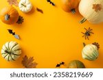 Small photo of Dive into Halloween aura: Top view scene with pumpkins, gourd, pattipans, maple leaves, ghastly insects, spiders, centipede, cobwebs, bats on orange background. Perfect for text or ads