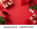 Small photo of Valentine's Day love theme. Overhead shot of kraft gift boxes, heart-shaped rattan decorations, bunch of crimson roses, "love" for sweet confessions, sprinkles on red backdrop, frame for your message