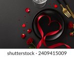 Small photo of Divine Love Setting: Revel in top-view perspective of romance—sumptuous table settings, gold cutlery, wineglass, roses, silk ribbon, and confetti creating a divine ambiance on a black canvas