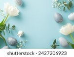 Small photo of Easter essence captured in a photo of slate greyish eggs, a bunny figurine, gypsophila, tulips, and eucalyptus laid out on a soft blue background, with ample space for text or advertising