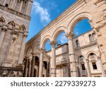 The landmark ancient Roman columns and arches of the central courtyard, called the Peristyle, in Diocletian