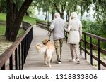 senior couple walking with cute dog across wooden bridge in park