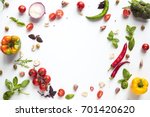 top view of various fresh vegetables and herbs isolated on white