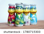 Small photo of ROMANIA - JULY 5, 2020: Packaging of Danonino banana yogurt drinks. Danonino is a range of dairy products designed for kids by European multinational food-products corporation Danone.