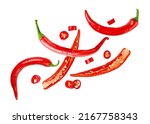 Chili pepper cut into pieces flies on a white background. Isolated