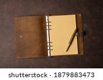 open brown leather diary on brown background or table.. start life from scratch.