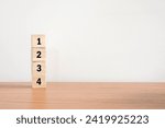 Small photo of Wood cube stack alphabet text 1 2 3 4 PRIORITY on white background. PRIORITIES and business important planning urgency concept.