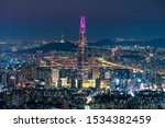 Small photo of Seoul,South Korea - 28 SEP 2019 : Aerial View Lotte tower at Namhansanseong Fortress,City scape in seoul,south kore