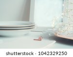 Styled stock photo. Feminine wedding desktop with baby's breath Gypsophila flowers and silk ribbon. Empty space. Image for blog.