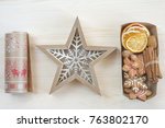 Craft paper roll for wrapping gifts  scandinavian style and a set of spices for mulled wine
