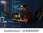 Software engineer working on new app, checking coding in bugging system, sitting in comfortable chair, typing in front of pc, on digital wall with code background