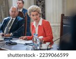 Small photo of Bucharest, Romania - December 17, 2022: The President of the European Commission Ursula von der Leyen at the plenary session of the Agreement On Strategic Partnership In The Field Of Green Energy.