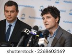 Small photo of Bucharest, Romania. 28th Feb, 2023: Nicusor Dan (R), the general mayor of Bucharest, speaks at a press conference next to the president of the Popular Movement Party, MEP Daniel Tomac.