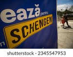 Small photo of Bucharest, Romania. 7th June, 2023: A banner placed in downtown Bucharest urge people to sign the petition "Romania deserves to be in Schengen"