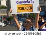 Small photo of Bucharest, Romania. 3rd June, 2023: The march "European Unity now: Romania in Schengen!" organized by the pragmatic progressive pan-European political party Volt Europa and Volt Romania.