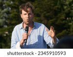 Small photo of Bucharest, Romania. 3rd June, 2023: Damian Boeselager, speaks at the march "European Unity now: Romania in Schengen!" organized by the pragmatic progressive pan-European political party Volt Europa