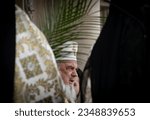Small photo of Bucharest, Romania. 8th Apr, 2023: Patriarch Daniel of Romania hold a religious service in the courtyard of the Patriarchal Cathedral after the Palm Sunday Procession