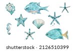 Watercolor Fishes Sea Shells...
