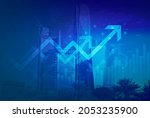 Stock market digital graph chart on LED display concept. A large display of daily stock market price and quotation. Indicator financial with buildings background