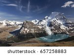 Distant Panoramic Landscape of Berg Lake and Snowy Mountain Robson Top in Jasper National Park Canadian Rocky Mountains