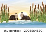 Two River Otters Sit On The...