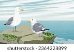 Two seagulls are sitting on a large stone above the sea. Wild seabirds. Realistic vector landscape