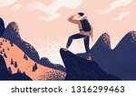 Man with backpack, traveller or explorer standing on top of mountain or cliff and looking on valley. Concept of discovery, exploration, hiking, adventure tourism and travel. Flat vector illustration.