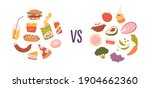 Healthy vs unhealthy food. Concept of choice between good and bad nutrition. Fastfood, sweet and fat eating versus balanced product set. Colored flat vector illustration isolated on white background