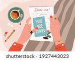 female hands holding postcard... | Shutterstock .eps vector #1927443023
